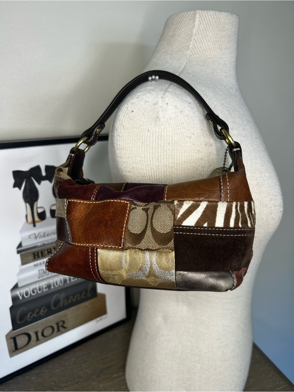 Coach Holiday Patchwork Demi Hobo Handbag Suede Signature Mini Purse Y2K